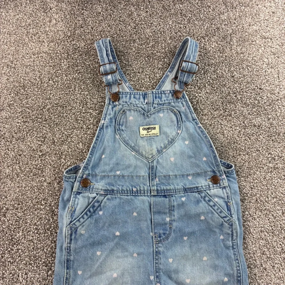 OshKosh B'gosh Denim Overalls Girls 5 Blue Cotton Heart Print Bib Jumpsuit